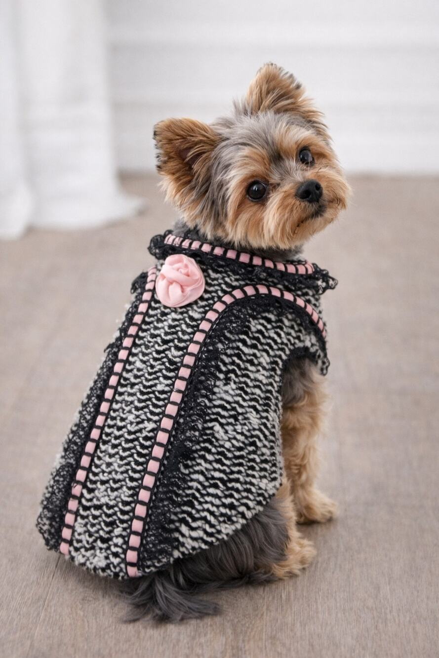 Black And White Knit Dog Sweater Jacket Pink Trim Lace Detail Size 10 Animal Wra